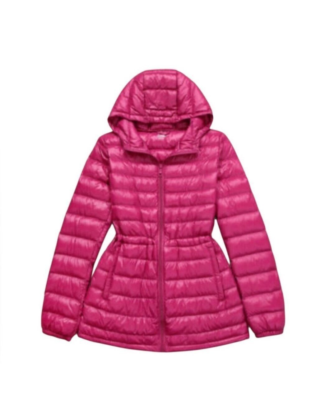 UNIQLO Pink Down Filled Packable Hooded Puffer Coat, Draw string Waist sz Med
